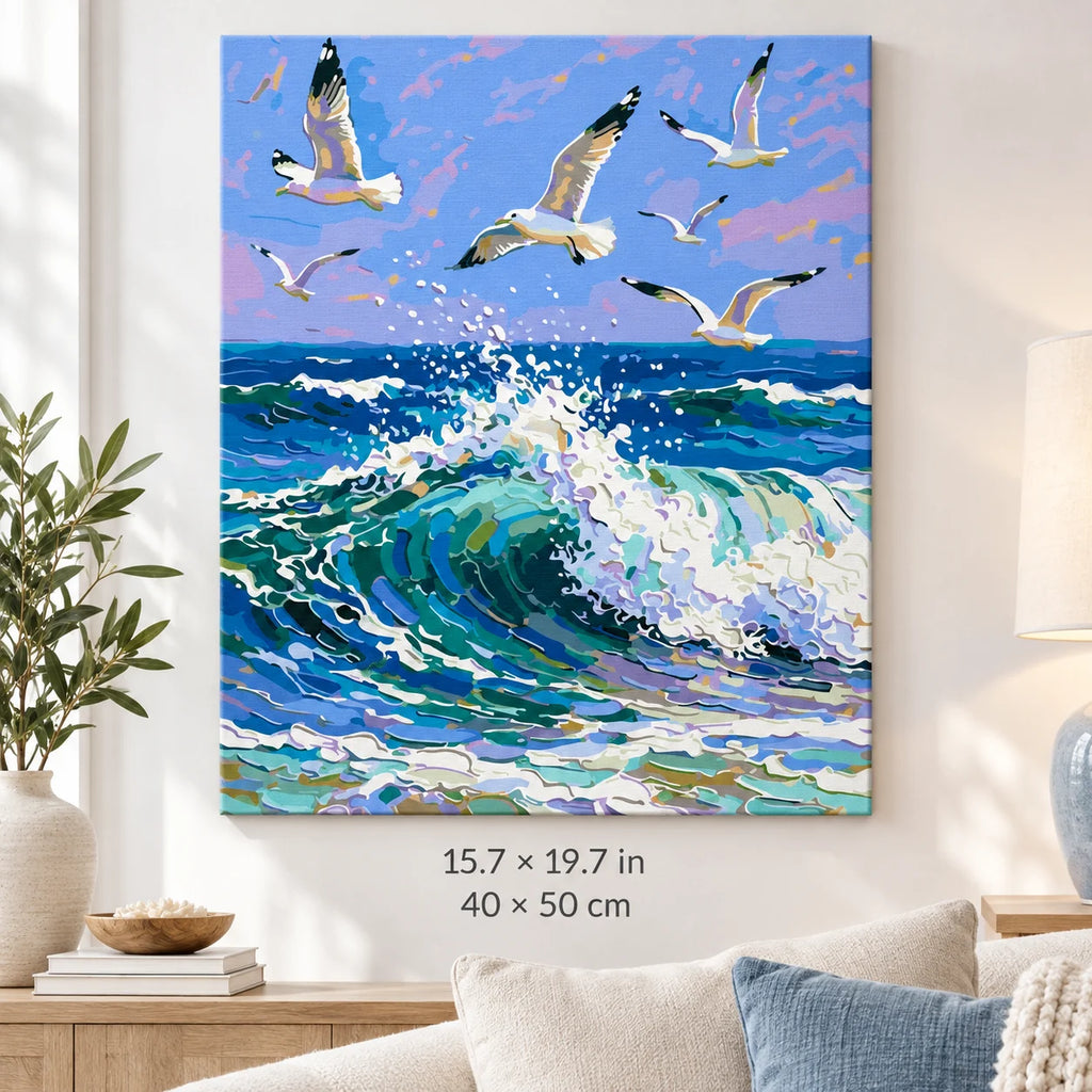 Seagulls over an Ocean Wave shown in a styled room with 15.7 × 19.7 in and 40 × 50 cm dimensions