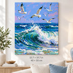 Seagulls over an Ocean Wave shown in a styled room with 15.7 × 19.7 in and 40 × 50 cm dimensions