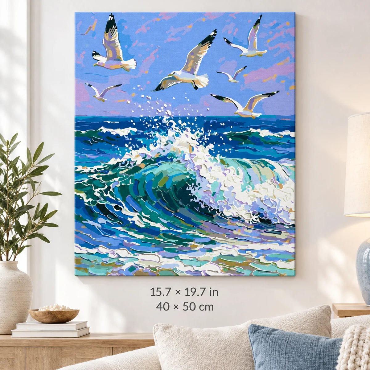 Seagulls over an Ocean Wave shown in a styled room with 15.7 × 19.7 in and 40 × 50 cm dimensions