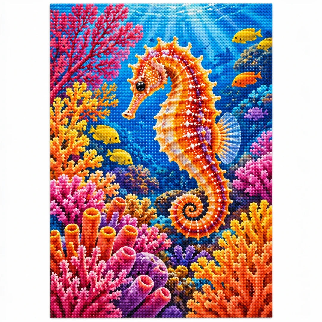 Seahorse Coral Garden Diamond Painting Kit — finished diamond painting on white background