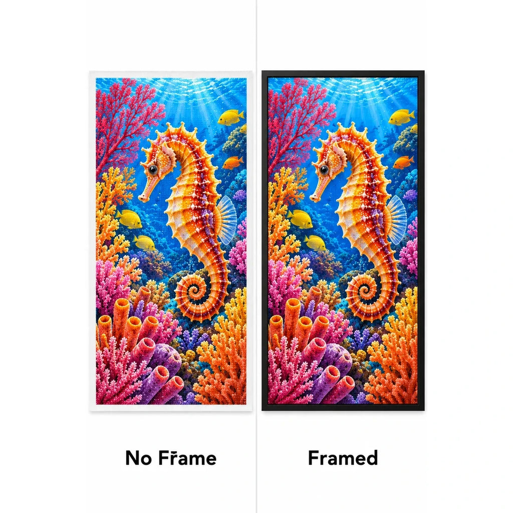 Seahorse Coral Garden Diamond Painting Kit — No Frame and Framed style comparison