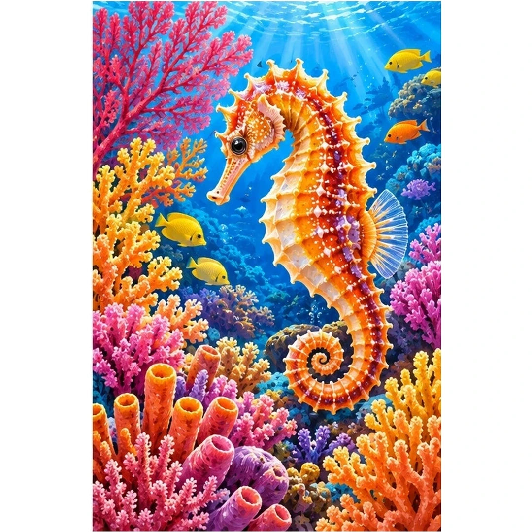 Seahorse Coral Garden Diamond Painting Kit — original white-background artwork