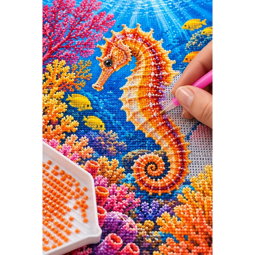 Seahorse Coral Garden Diamond Painting Kit — diamond painting application process