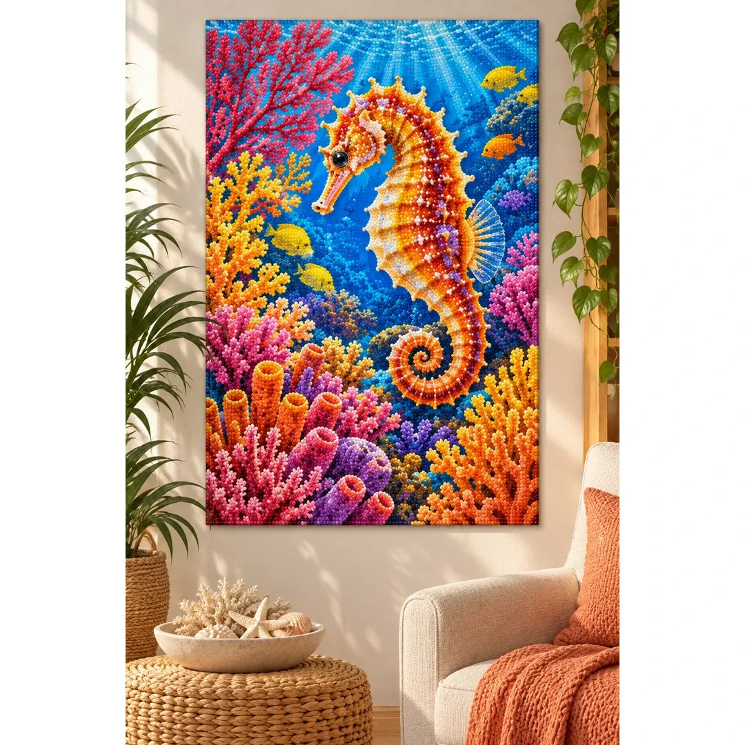 Seahorse Coral Garden Diamond Painting Kit — finished diamond painting in a home setting