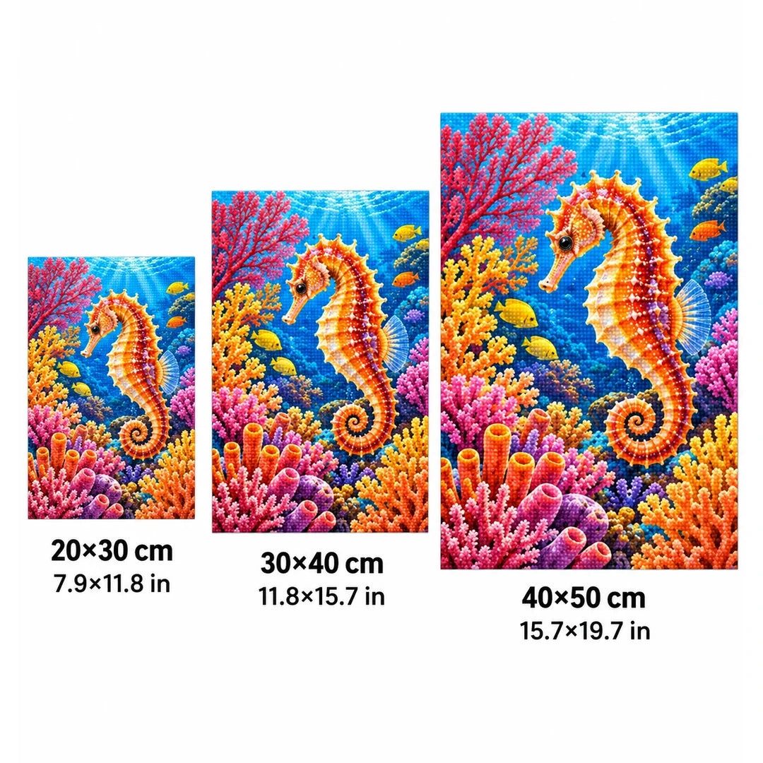 Seahorse Coral Garden Diamond Painting Kit — 20 by 30, 30 by 40, and 40 by 50 centimeter size guide