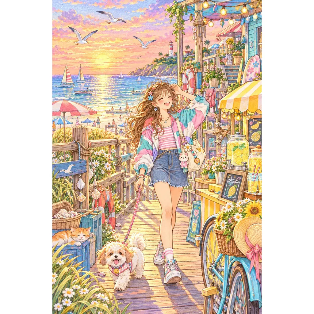 White-background original artwork of a young woman and playful dog exploring colorful seaside shops at sunset for a diamond painting kit