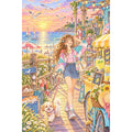 White-background original artwork of a young woman and playful dog exploring colorful seaside shops at sunset for a diamond painting kit