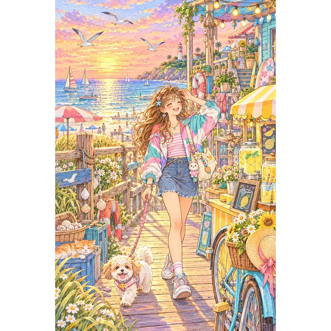 White-background original artwork of a young woman and playful dog exploring colorful seaside shops at sunset for a diamond painting kit