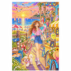 White-background finished diamond painting of a young woman and playful dog exploring colorful seaside shops at sunset with sparkling drills
