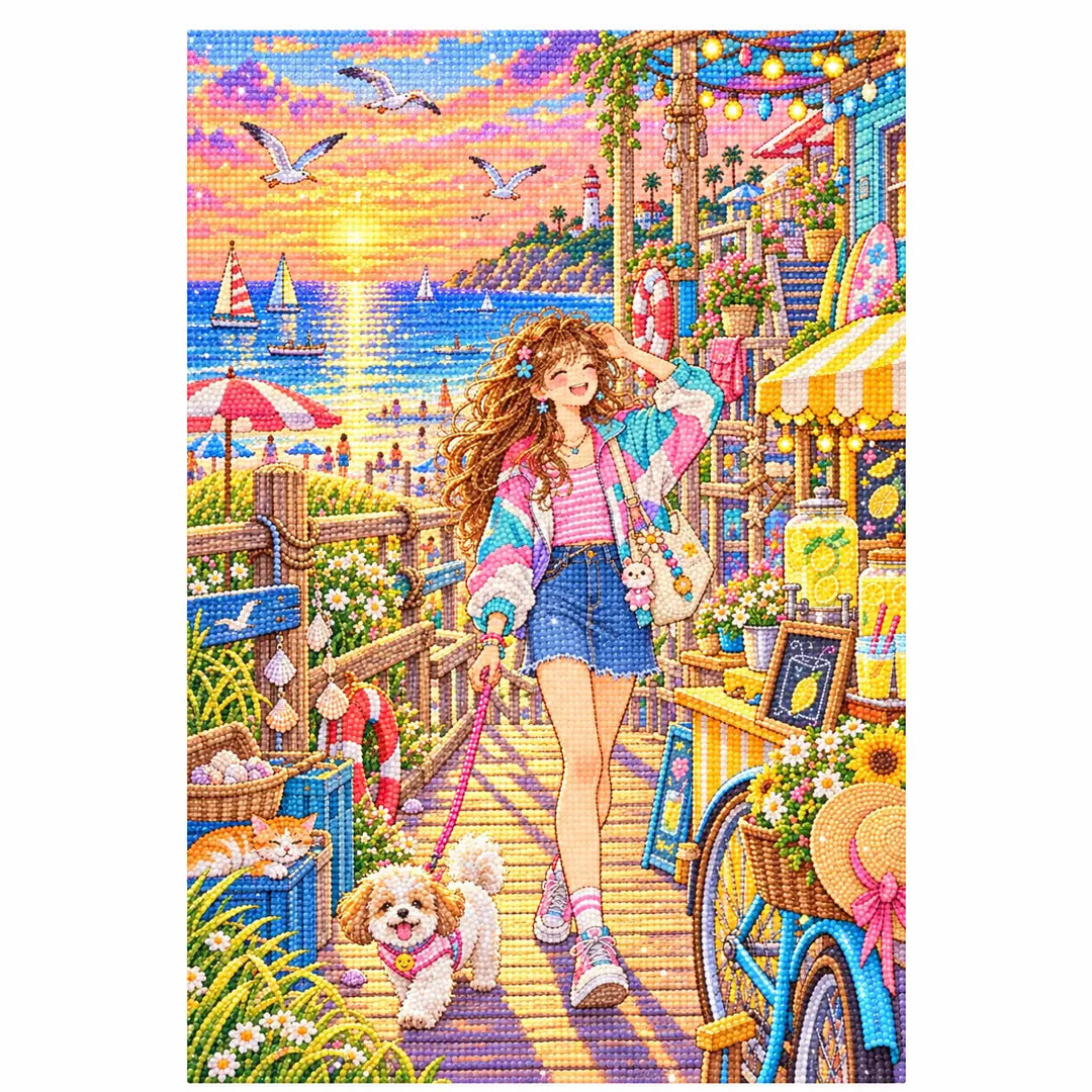 White-background finished diamond painting of a young woman and playful dog exploring colorful seaside shops at sunset with sparkling drills