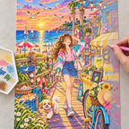 Diamond painting process showing a young woman and playful dog exploring colorful seaside shops at sunset being completed with a stylus