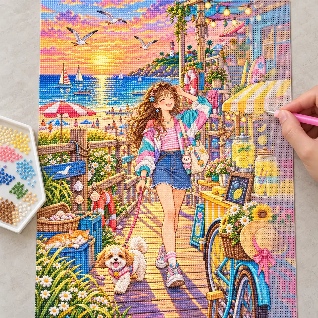 Diamond painting process showing a young woman and playful dog exploring colorful seaside shops at sunset being completed with a stylus