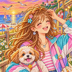 Close-up diamond drill detail of a young woman and playful dog exploring colorful seaside shops at sunset artwork