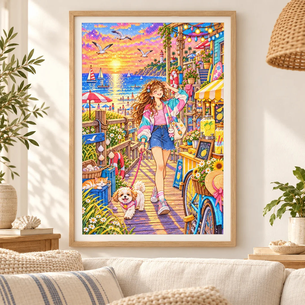 Framed a young woman and playful dog exploring colorful seaside shops at sunset diamond painting displayed as home decor
