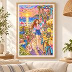 Framed a young woman and playful dog exploring colorful seaside shops at sunset diamond painting displayed as home decor