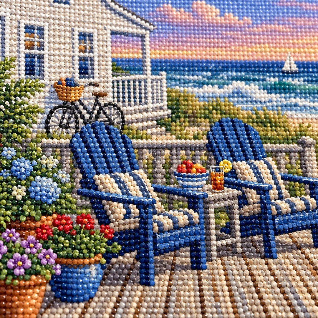 Seaside Cottage Beach Diamond Painting Kit diamond painting drills and canvas detail