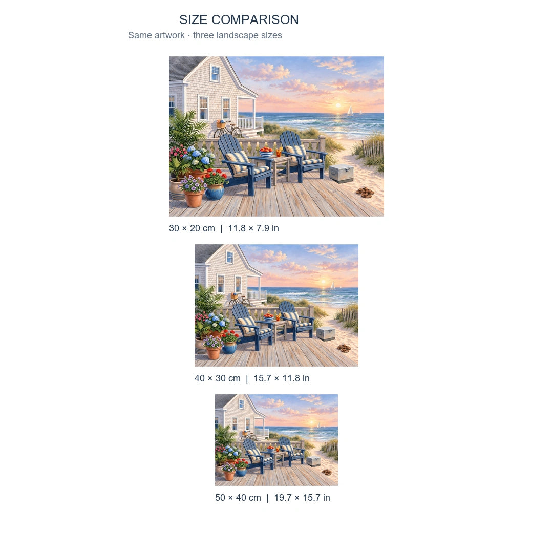Seaside Cottage Beach Diamond Painting Kit diamond painting landscape size comparison