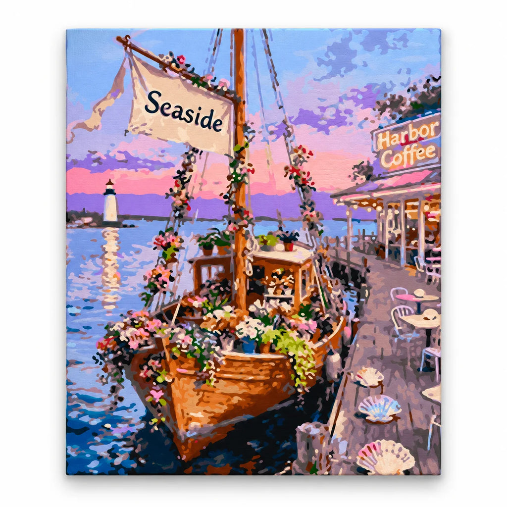 Seaside Flower Boat Café paint by numbers artwork on a front-facing canvas against a white background