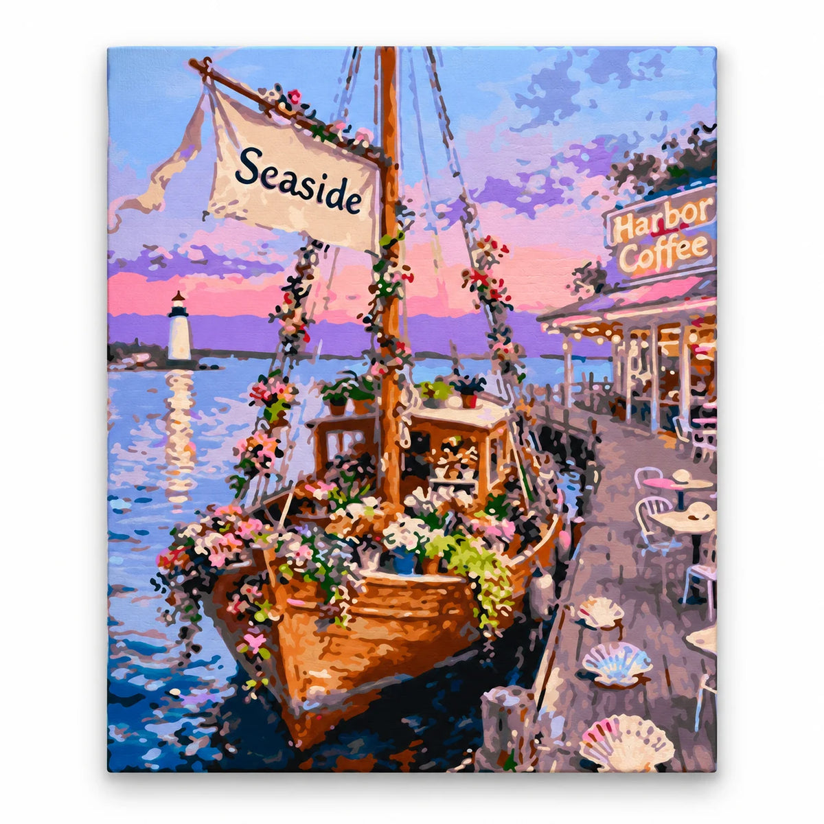Seaside Flower Boat Café paint by numbers artwork on a front-facing canvas against a white background