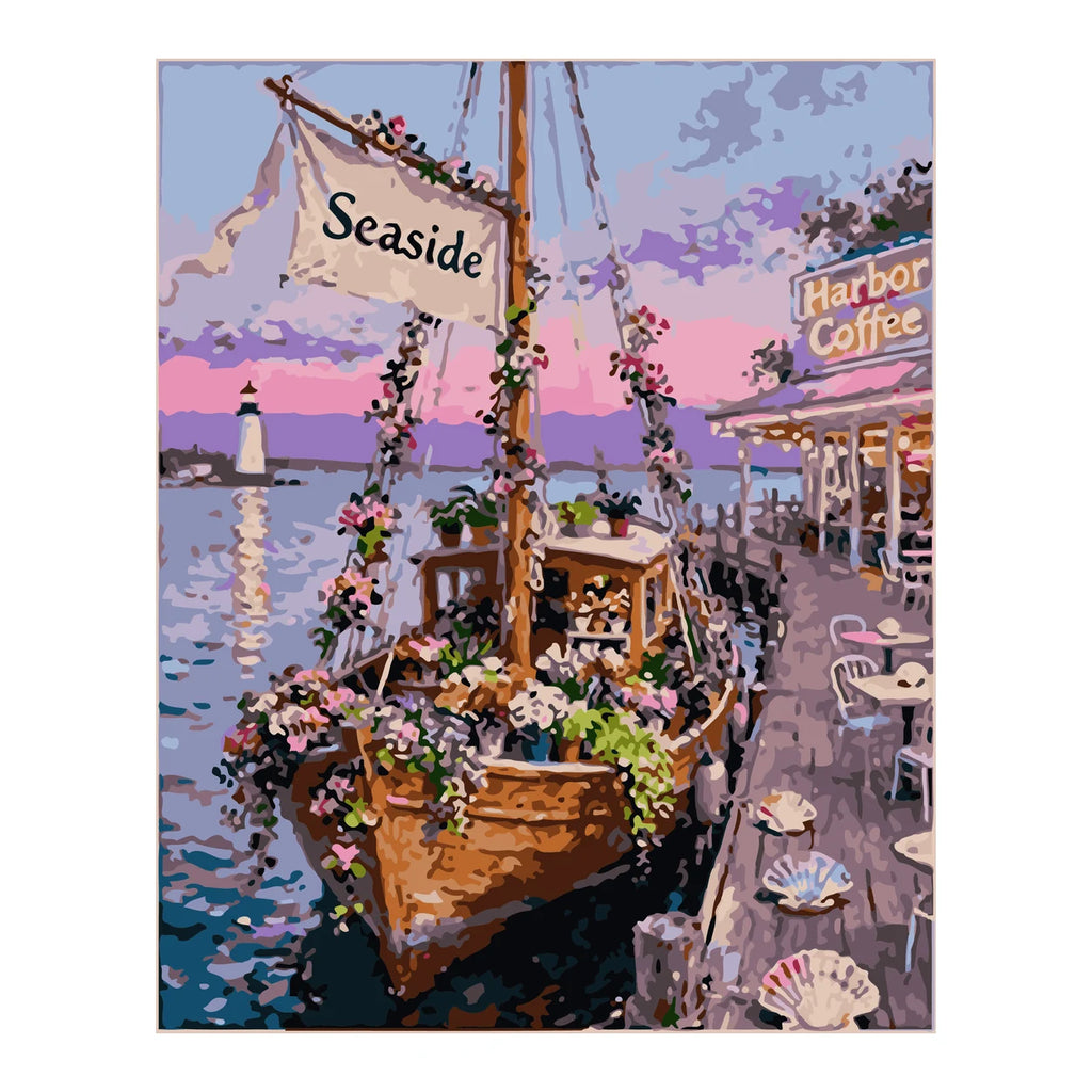 Seaside Flower Boat Café completed artwork on a clean white background