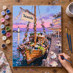 Complete Seaside Flower Boat Café numbered canvas being painted with acrylic paints and brushes