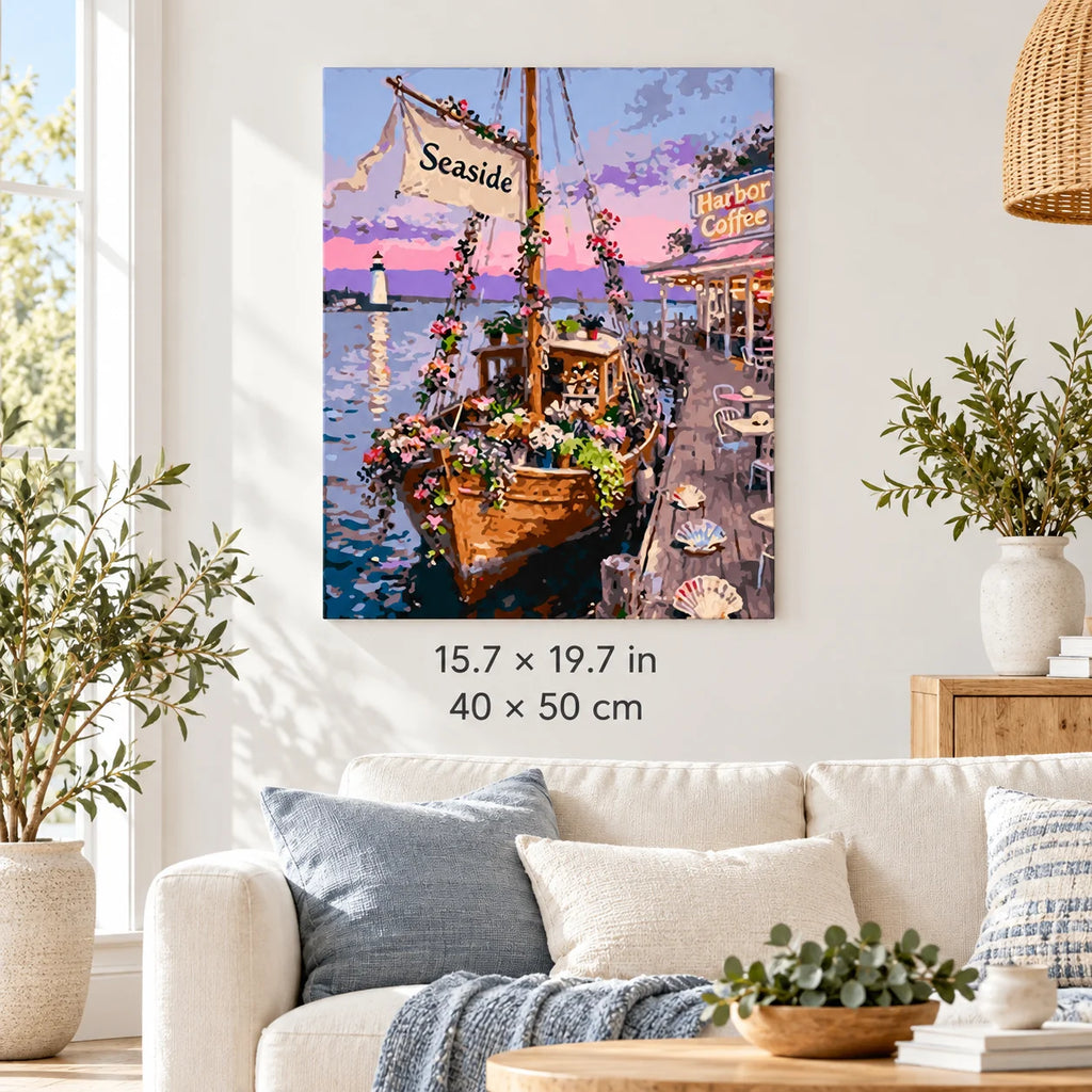 Seaside Flower Boat Café shown in a styled room with 15.7 × 19.7 in and 40 × 50 cm dimensions