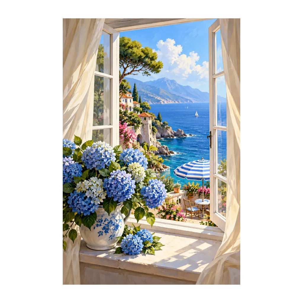 White-background original artwork of seaside hydrangea window