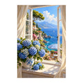 White-background original artwork of seaside hydrangea window
