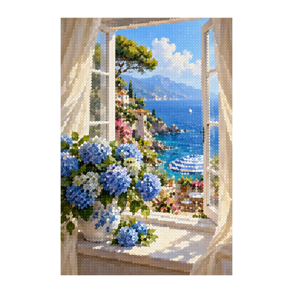 White-background finished diamond painting of seaside hydrangea window