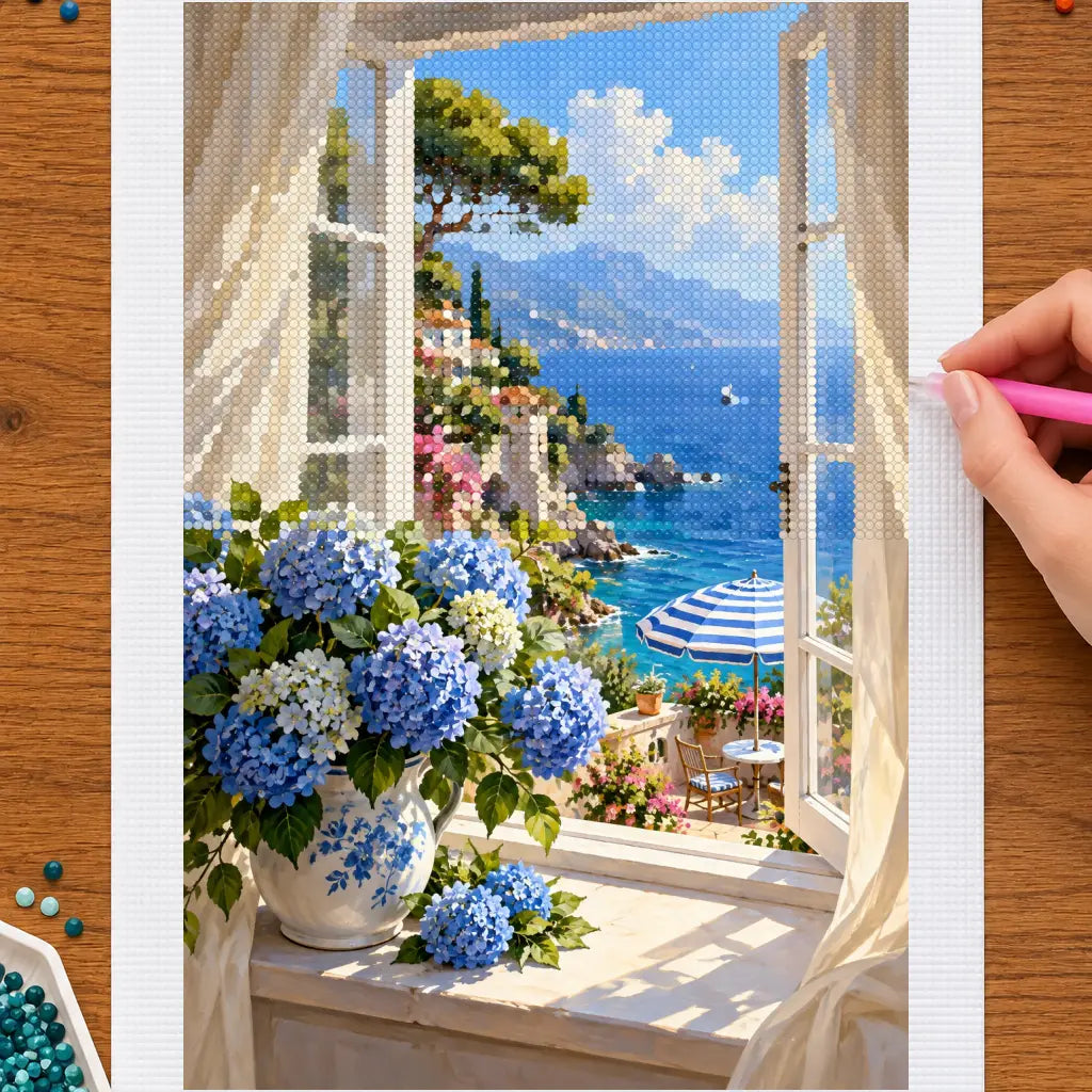 Hands placing drills on the seaside hydrangea window diamond painting canvas
