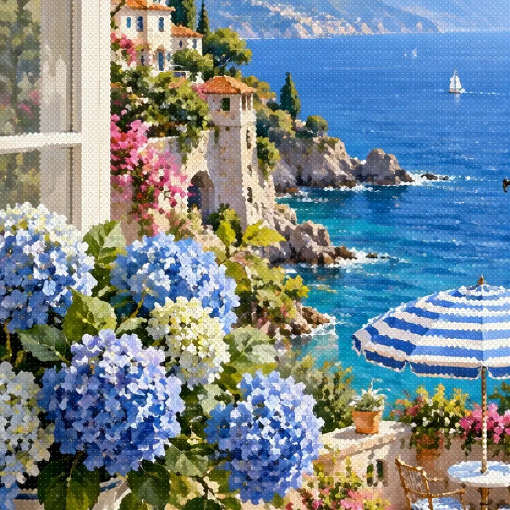 Close-up diamond detail of the seaside hydrangea window diamond painting