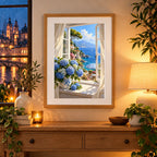Framed home display of the seaside hydrangea window diamond painting