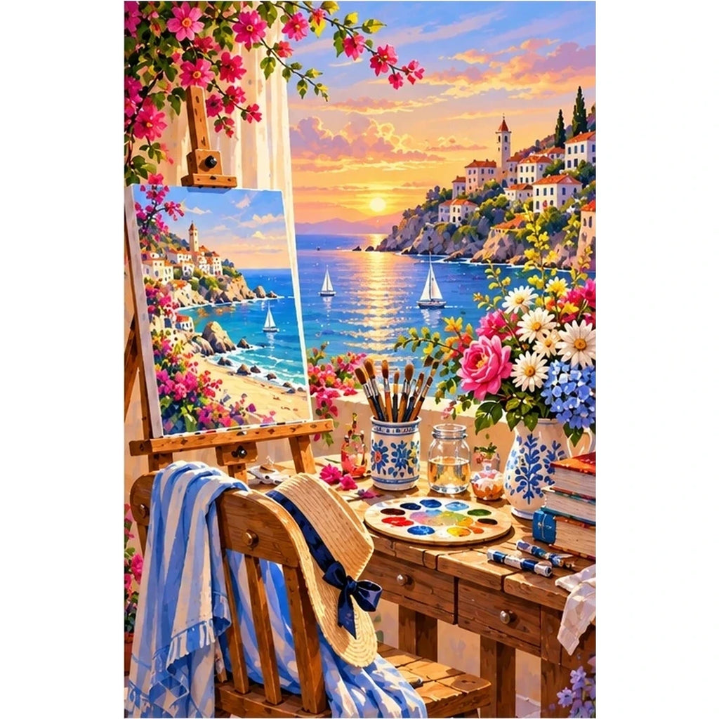 Seaside Painting Studio Sunset — original artwork on a clean white background