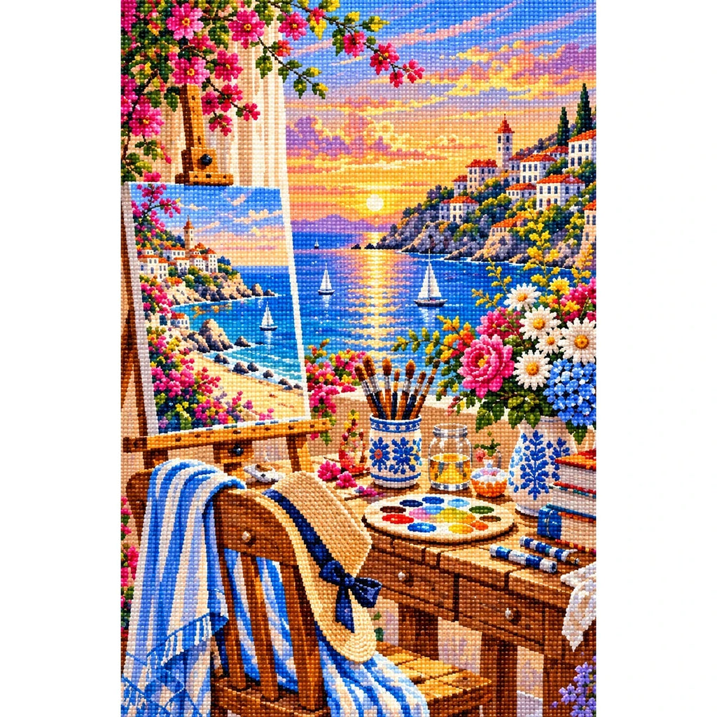 Seaside Painting Studio Sunset — finished diamond painting on a white background
