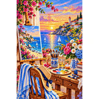 Seaside Painting Studio Sunset — finished diamond painting on a white background
