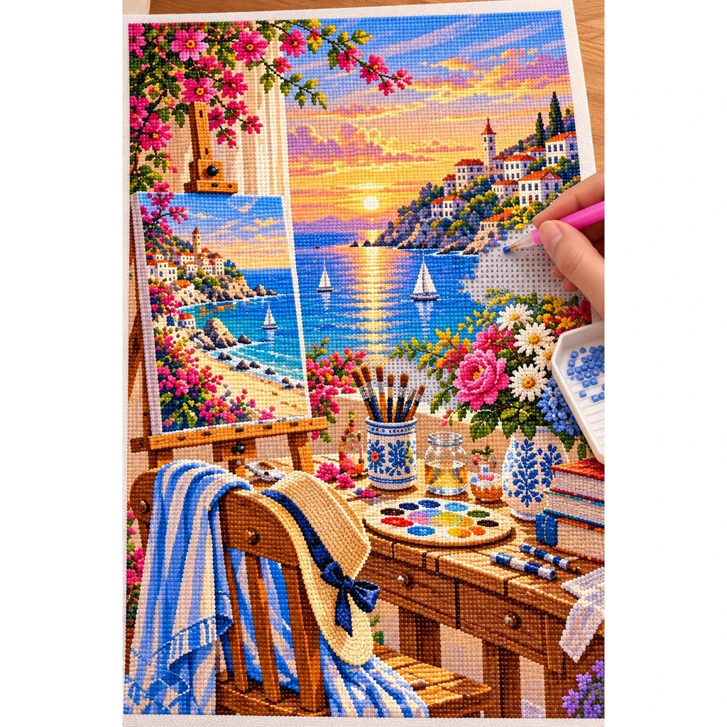 Seaside Painting Studio Sunset — diamond painting process with applicator pen
