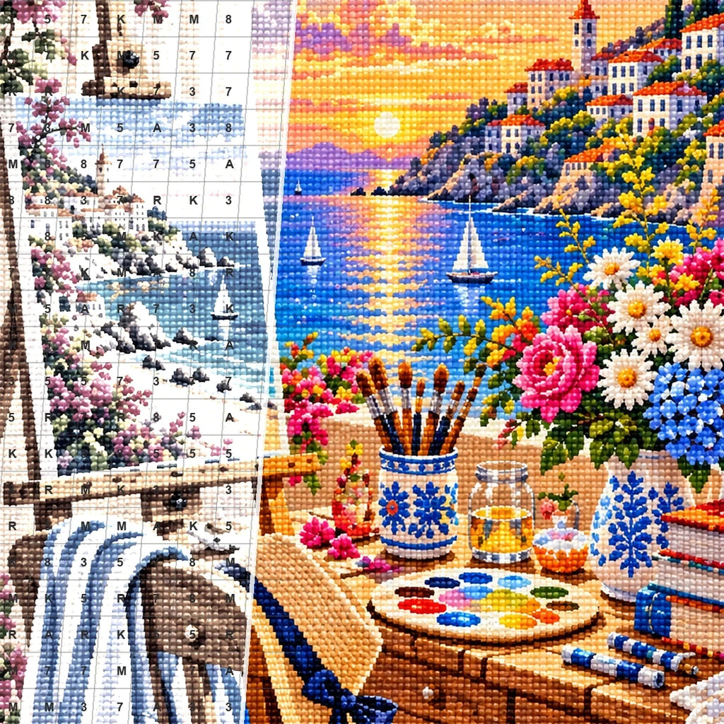 Seaside Painting Studio Sunset — close-up canvas and resin drill detail