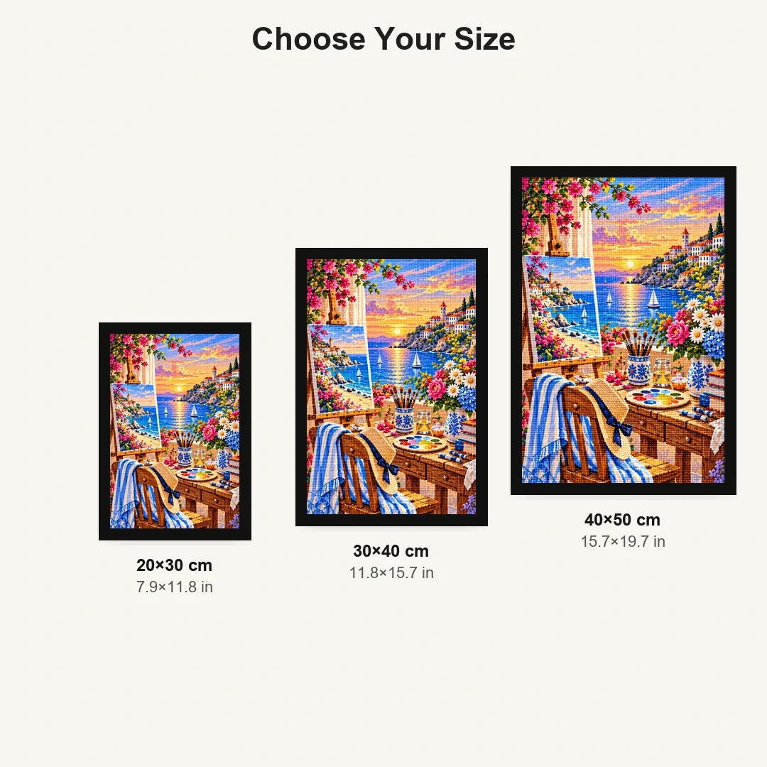 Seaside Painting Studio Sunset — size comparison for 20 × 30, 30 × 40 and 40 × 50 cm