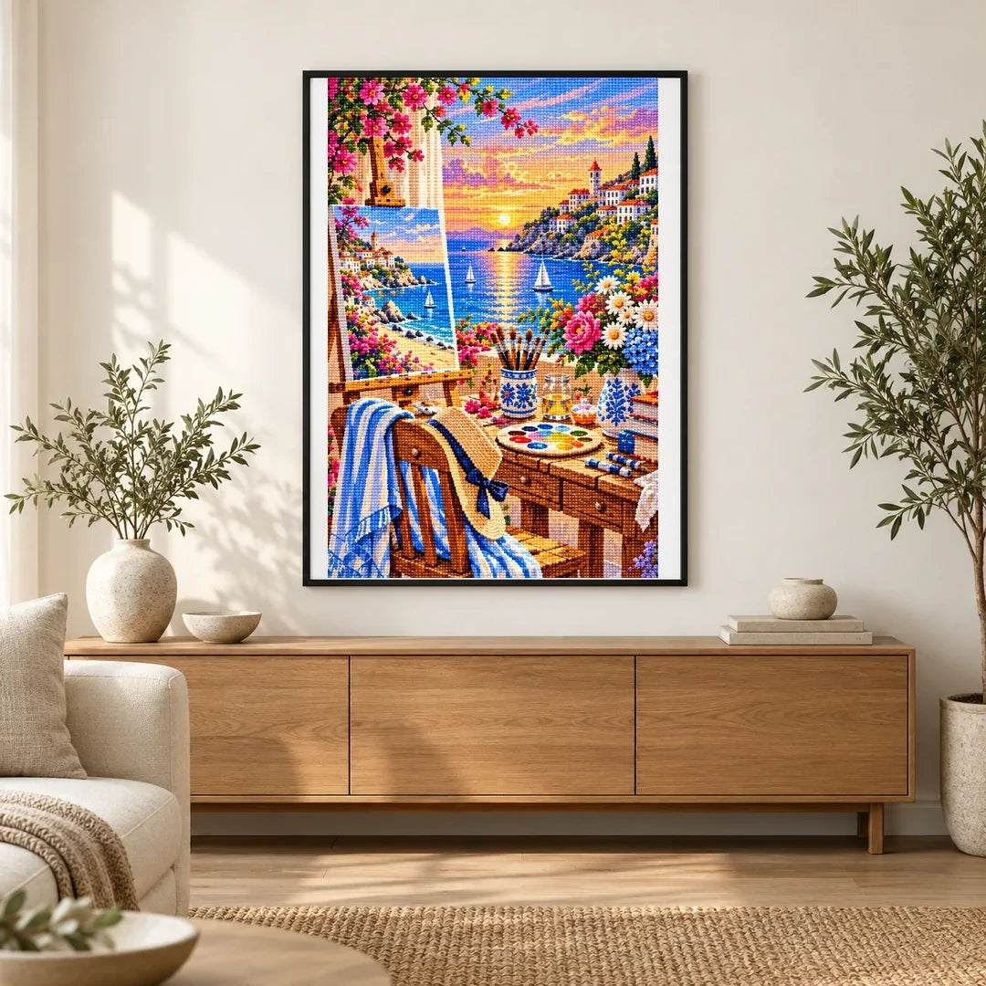 Seaside Painting Studio Sunset — finished diamond painting displayed in a home interior