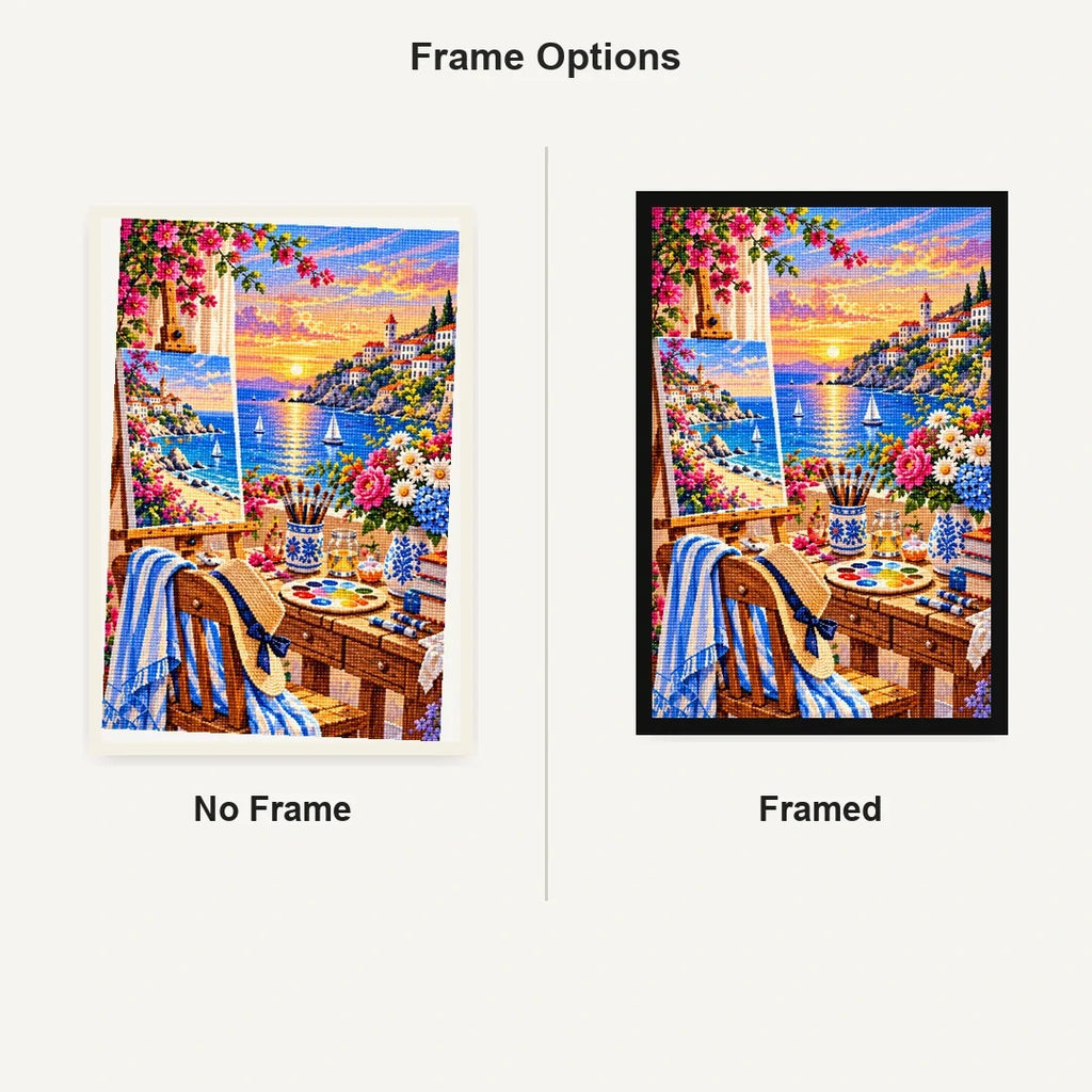 Seaside Painting Studio Sunset — No Frame and Framed style comparison