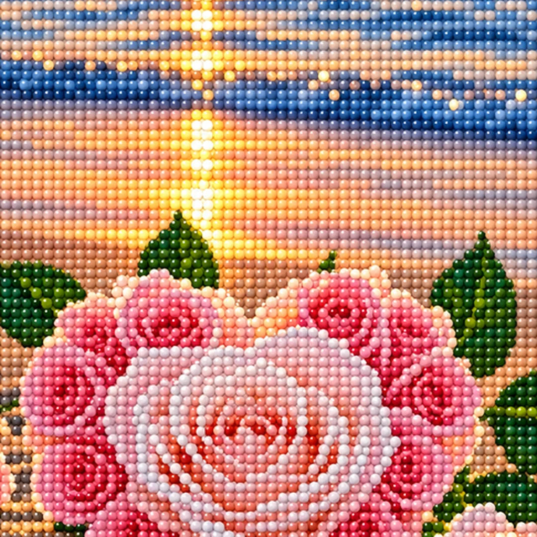 Seaside Pink Roses Diamond Painting Kit detail view