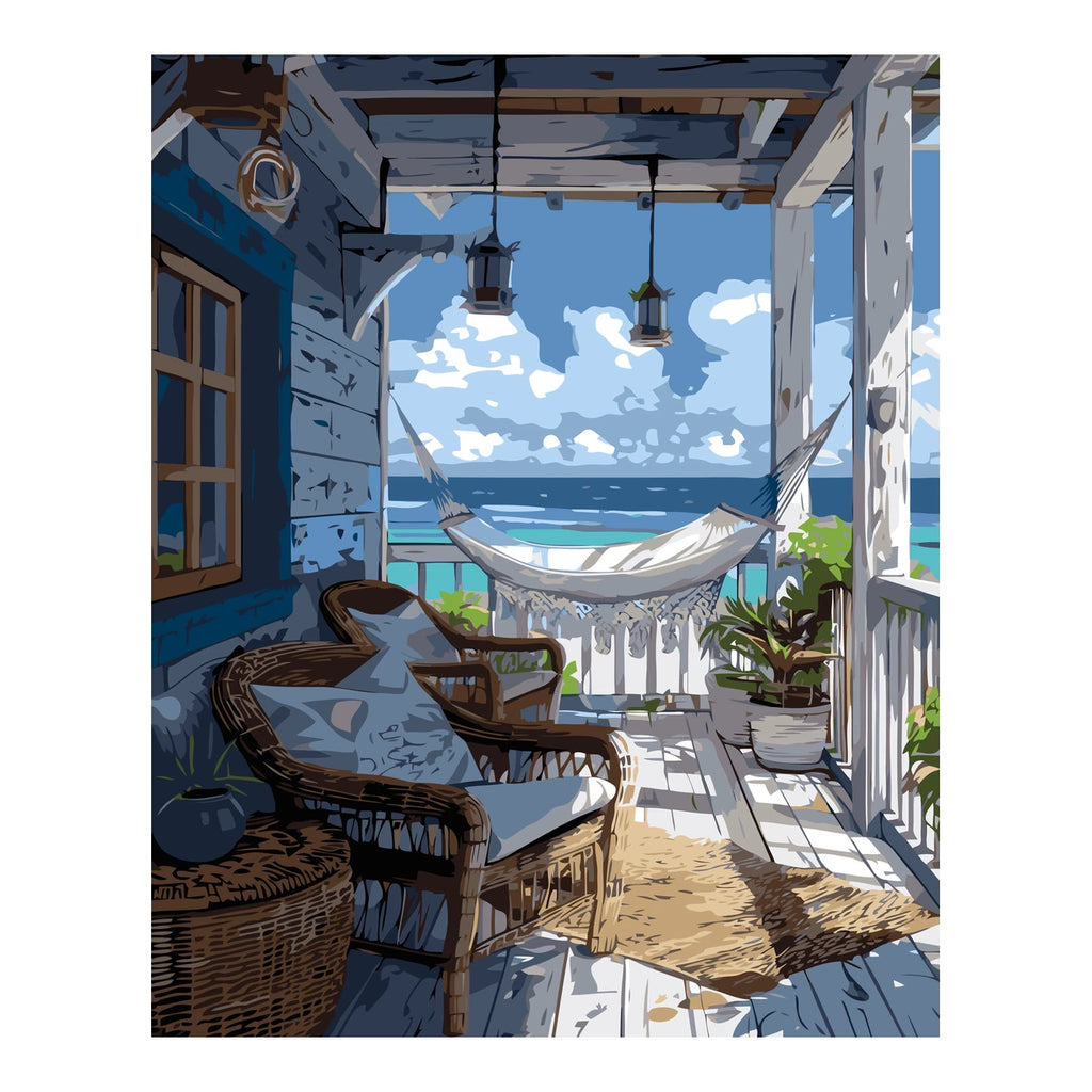 Original landscape artwork for Seaside Porch Sanctuary Diamond Painting Kit