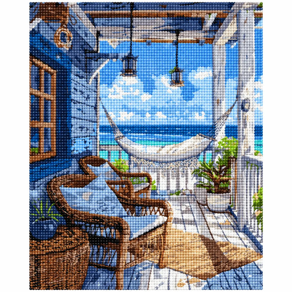 Finished diamond painting of Seaside Porch Sanctuary with sparkling drills
