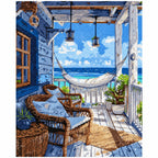 Finished diamond painting of Seaside Porch Sanctuary with sparkling drills