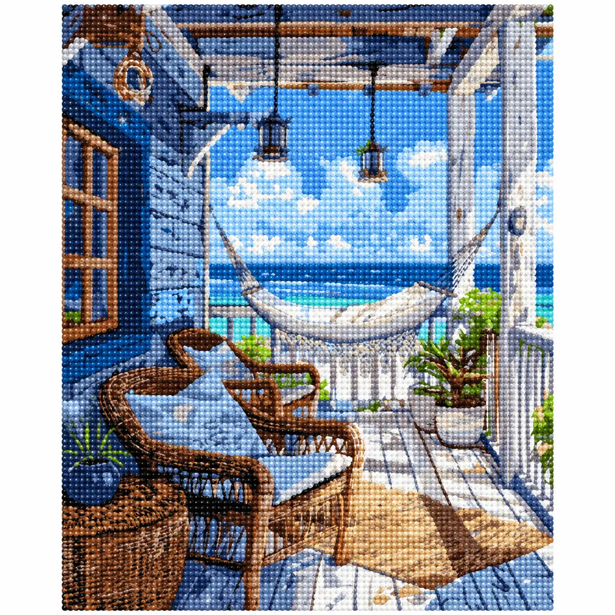 Finished diamond painting of Seaside Porch Sanctuary with sparkling drills