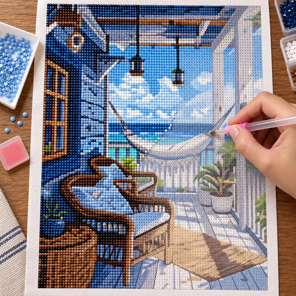 Diamond painting process for Seaside Porch Sanctuary