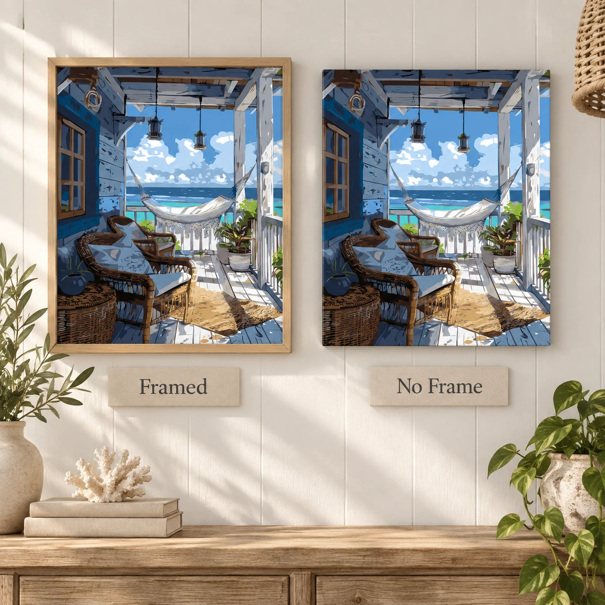 Seaside Porch Sanctuary diamond painting shown framed and unframed