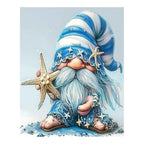 Original artwork for Seaside Starfish Gnome Diamond Painting Kit, showing a seaside gnome in a starry blue hat holding a starfish.