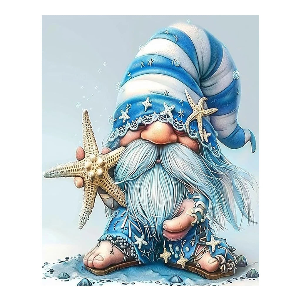 Original artwork for Seaside Starfish Gnome Diamond Painting Kit, showing a seaside gnome in a starry blue hat holding a starfish.