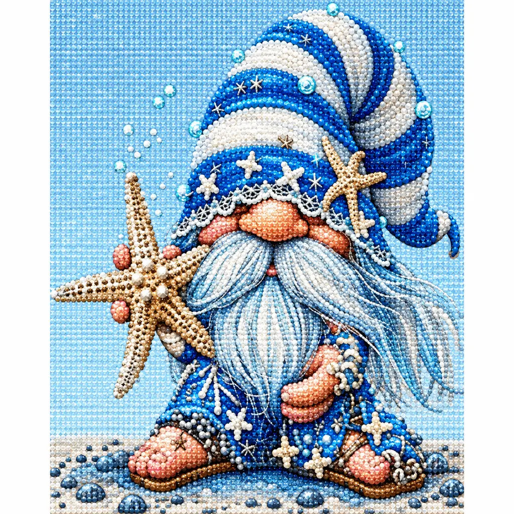 Finished diamond painting for Seaside Starfish Gnome Diamond Painting Kit, showing a seaside gnome in a starry blue hat holding a starfish.
